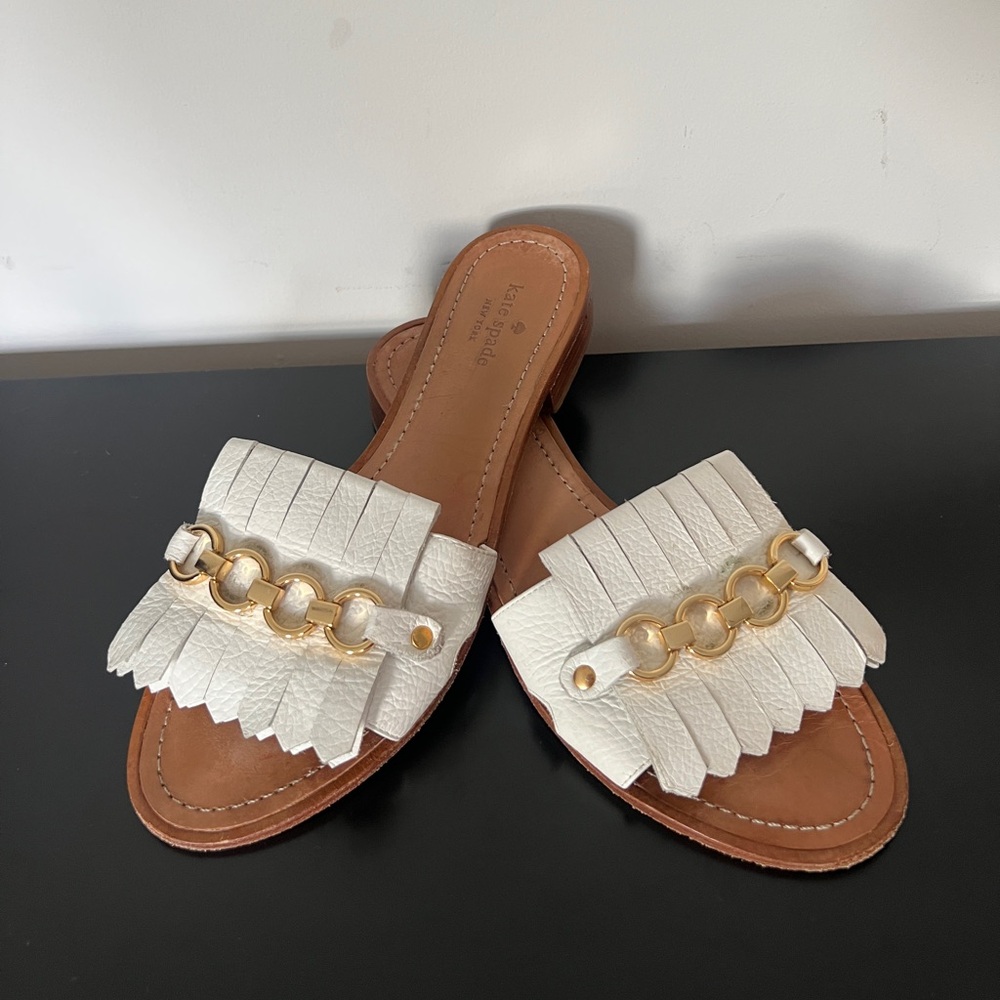 Kate Spade White and Gold Fringe Sandals